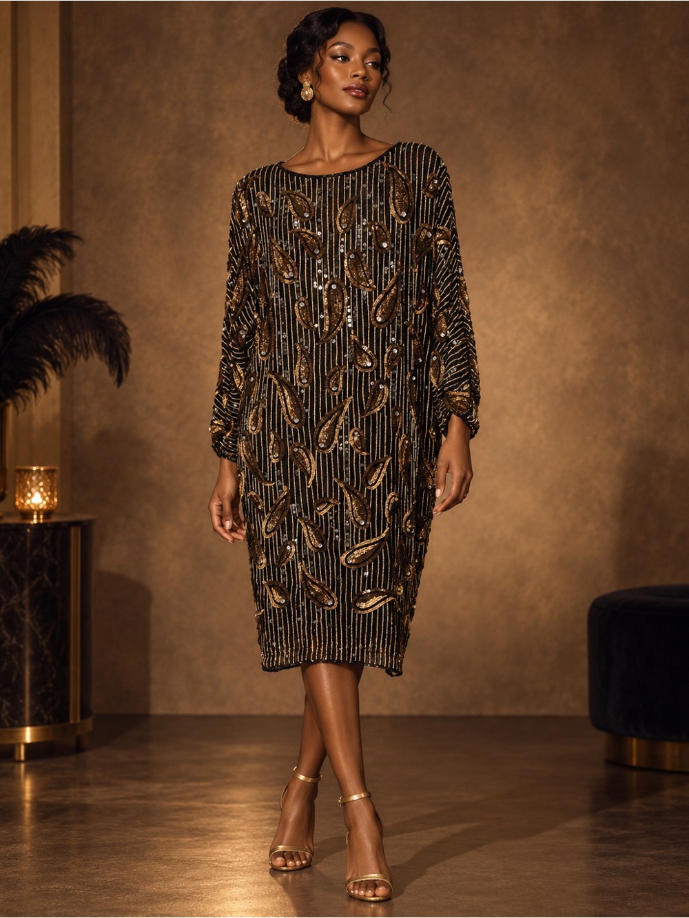 Vintage Royal Silk Black & Gold Sequin Cocktail Dress/1980s Glamour